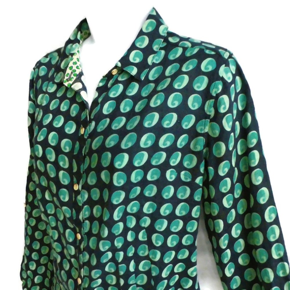 100% LiNeN Isabella Sinclair Shirt Navy Green Contrasting Flip Cuff S